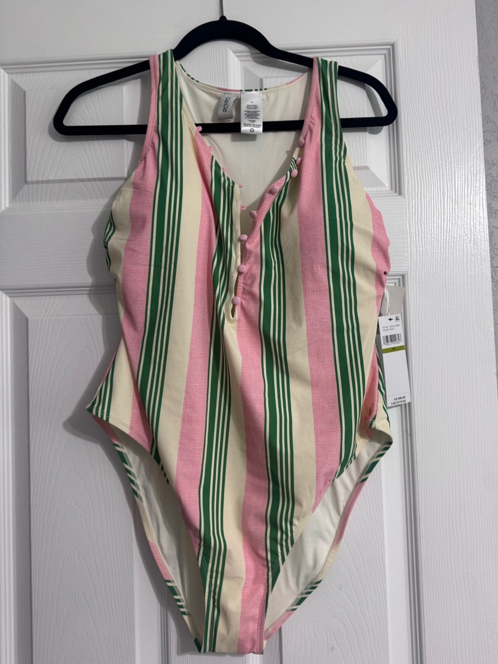 CeCe Pink Green Cream Striped One-Piece Swimsuit